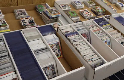 Collection of trading cards organized in trays on a wooden table.