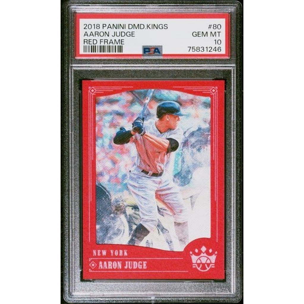 Front view of a 2018 Panini Diamond Kings Aaron Judge Red Frame parallel baseball card graded PSA 10 Gem Mint featuring the New York Yankees slugger