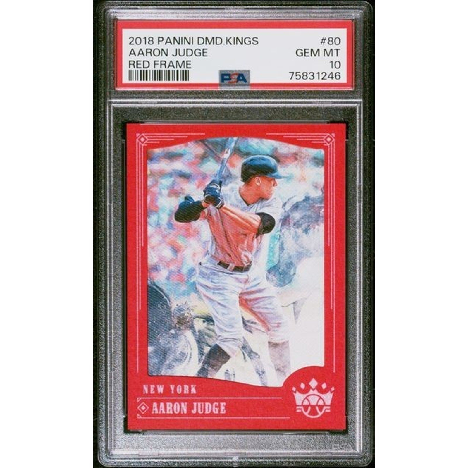 Front view of a 2018 Panini Diamond Kings Aaron Judge Red Frame parallel baseball card graded PSA 10 Gem Mint featuring the New York Yankees slugger