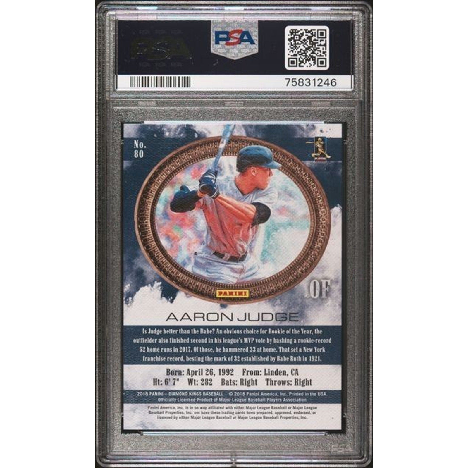 Back view of the Aaron Judge 2018 Panini Diamond Kings Red Frame card inside PSA slab showing player information, statistics, and PSA certification details