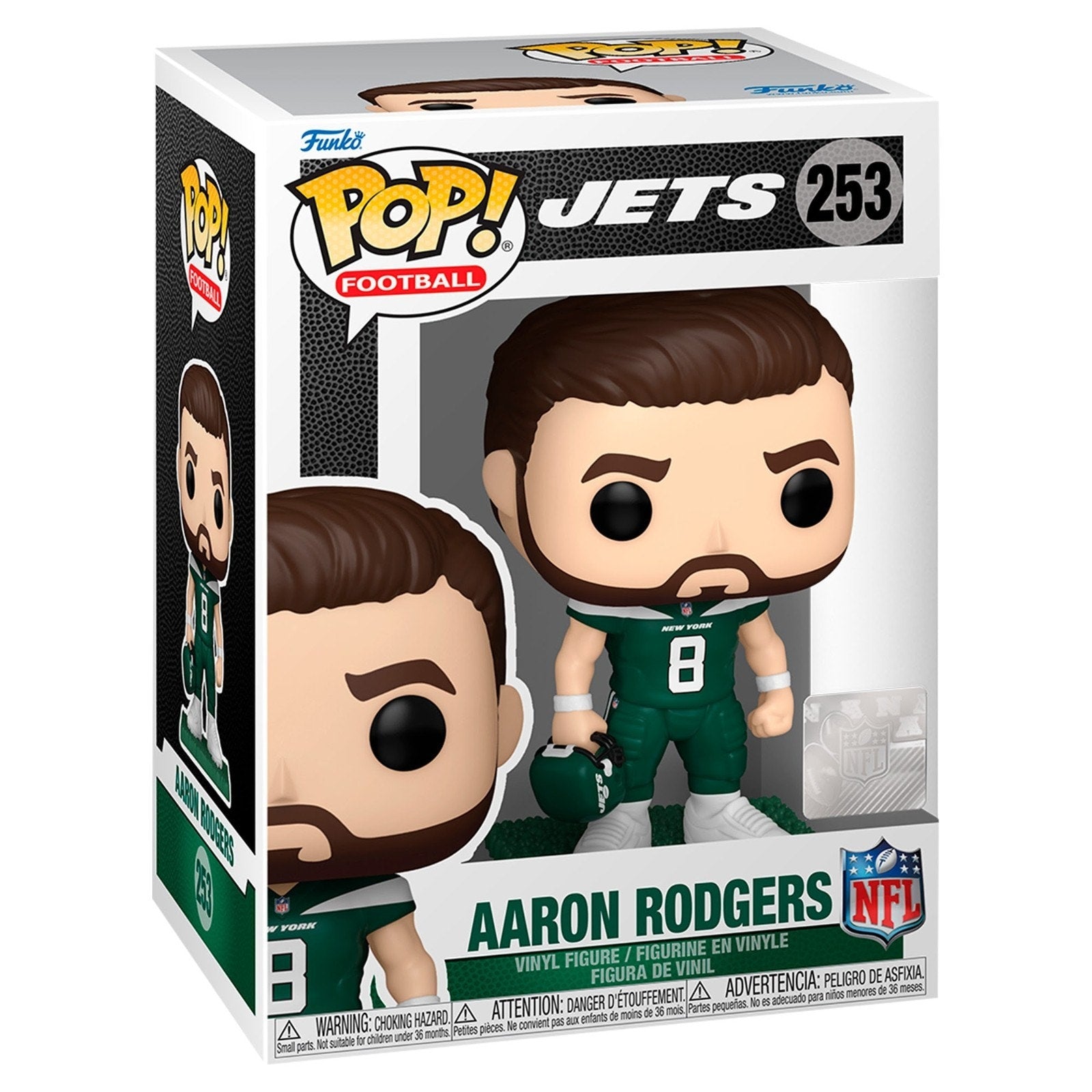Aaron Rodgers Funko Pop! vinyl figure #253 in New York Jets uniform displayed in original collector box