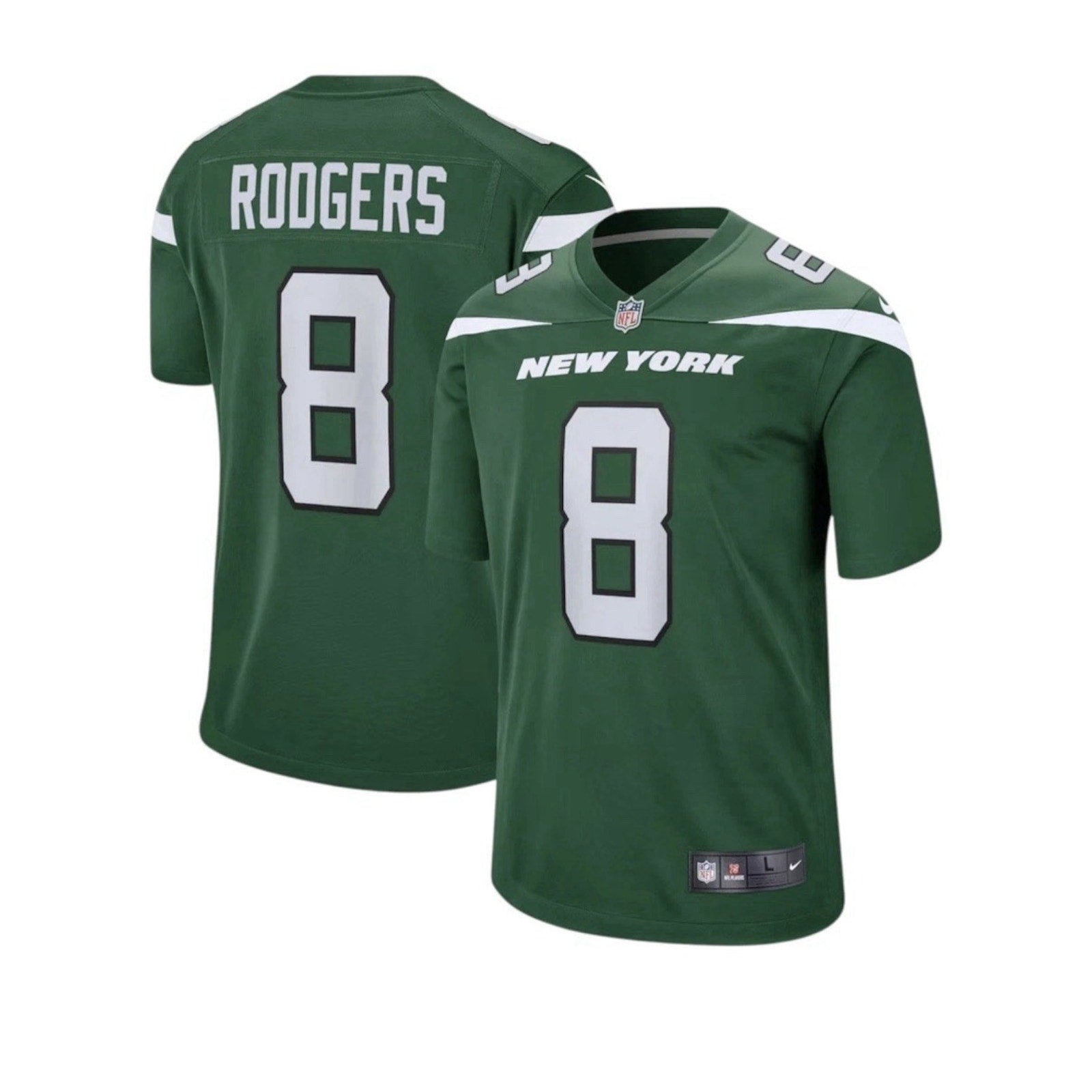 Aaron Rodgers New York Jets Nike Game Jersey in Gotham Green with number 8 and official team graphics