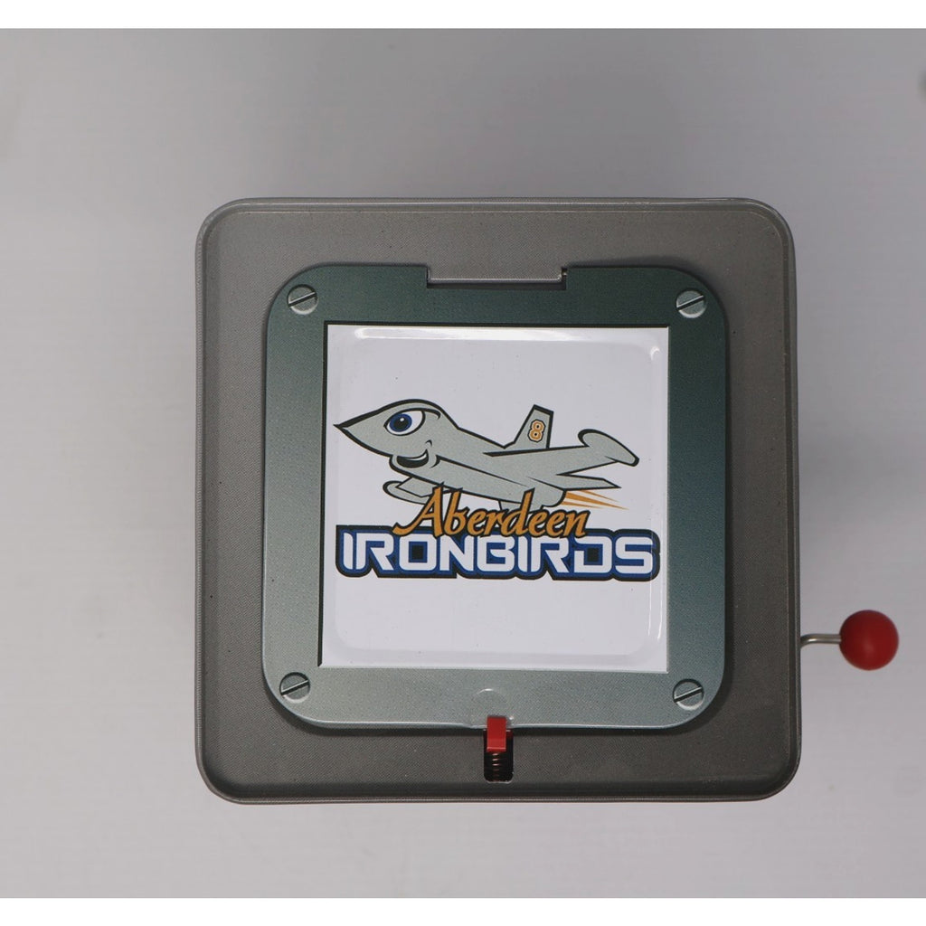 Aberdeen IronBirds Ferrous mascot jack-in-the-box collectible with team logo front panel
