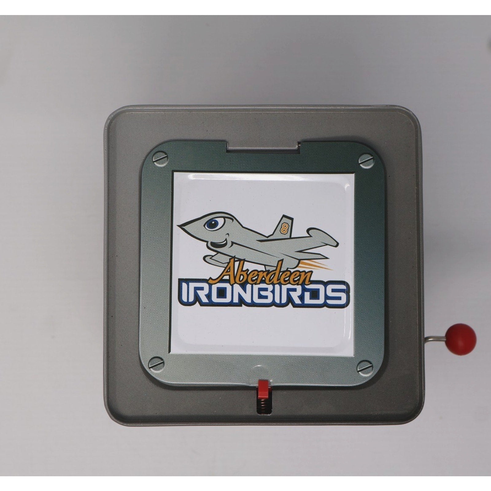 Aberdeen IronBirds Ferrous mascot jack-in-the-box collectible with team logo front panel