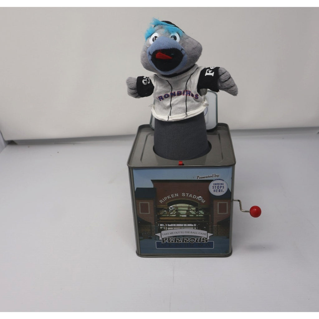 Ferrous the mascot figure popping out of Aberdeen IronBirds themed jack-in-the-box