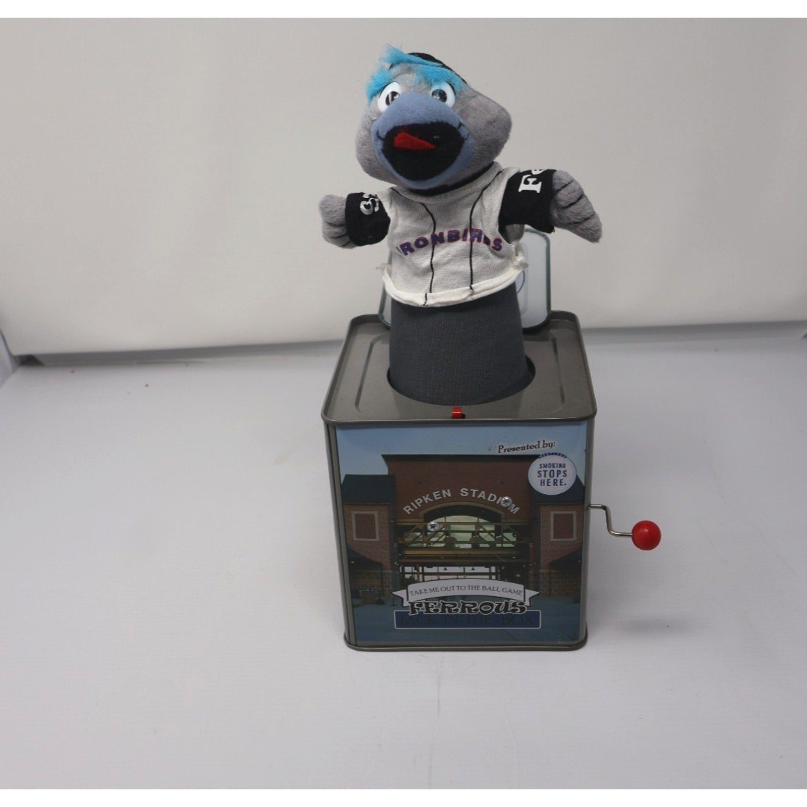 Ferrous the mascot figure popping out of Aberdeen IronBirds themed jack-in-the-box
