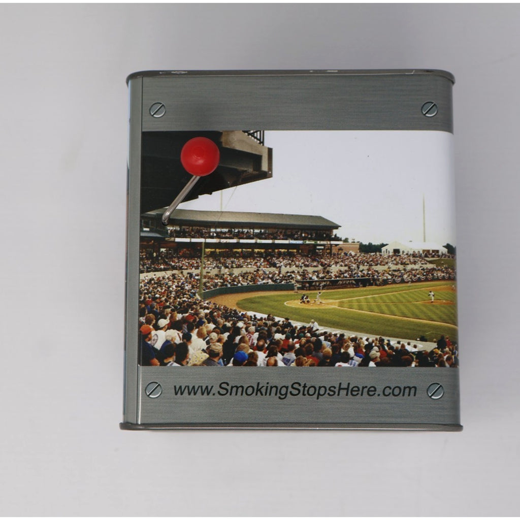 Side panel of IronBirds jack-in-the-box with stadium crowd scene artwork