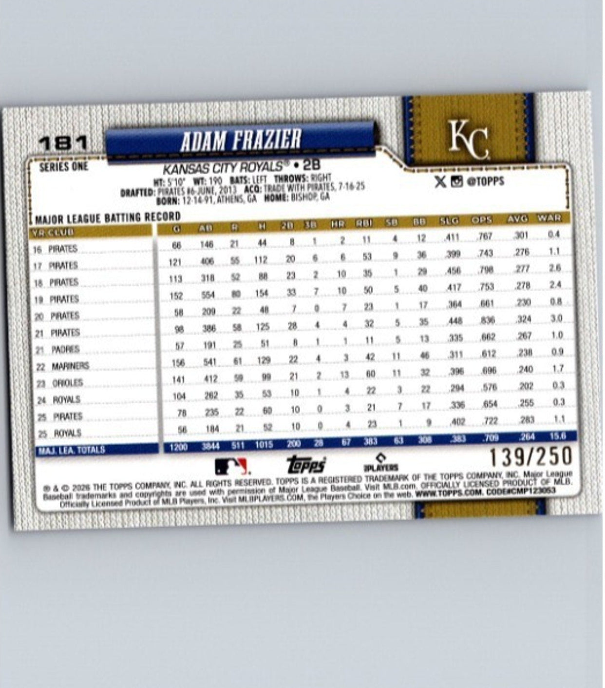 Back view of 2026 Topps Adam Frazier Purple Rainbow Foil baseball card #181 /250