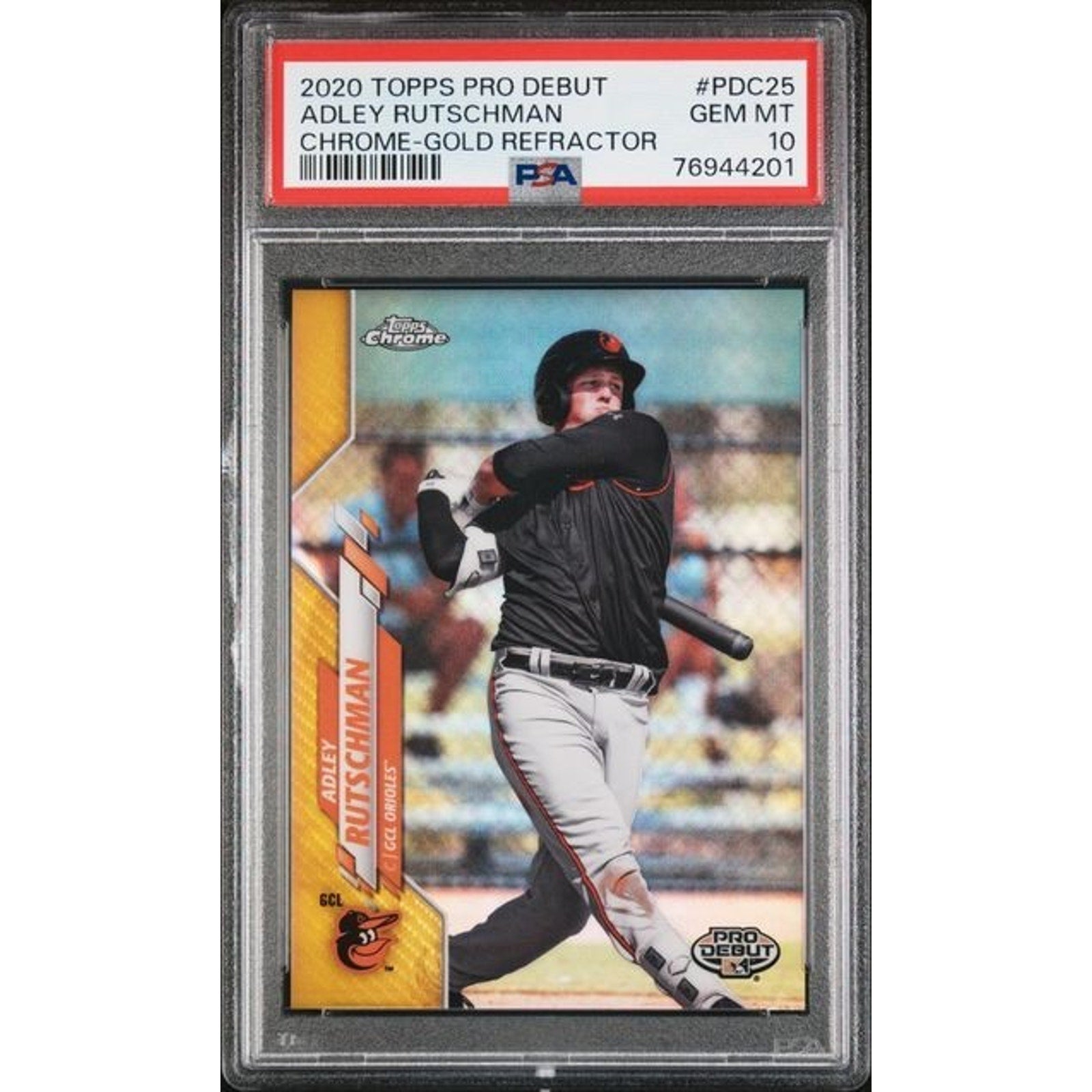 2020 Topps Chrome Pro Debut Adley Rutschman Gold Refractor rookie card #PDC-25 numbered /75 graded PSA 10 featuring Baltimore Orioles prospect