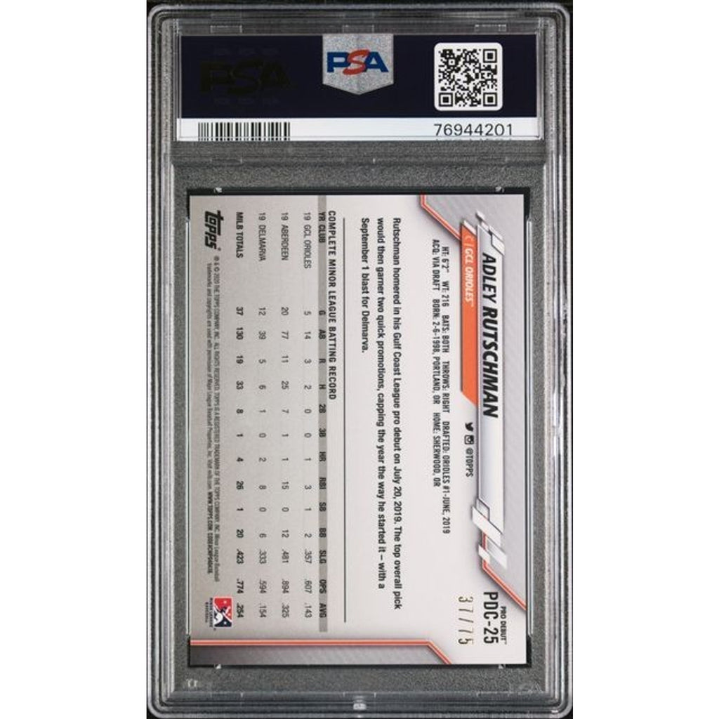 Back view of PSA 10 graded 2020 Topps Chrome Pro Debut Adley Rutschman Gold Refractor rookie card #PDC-25