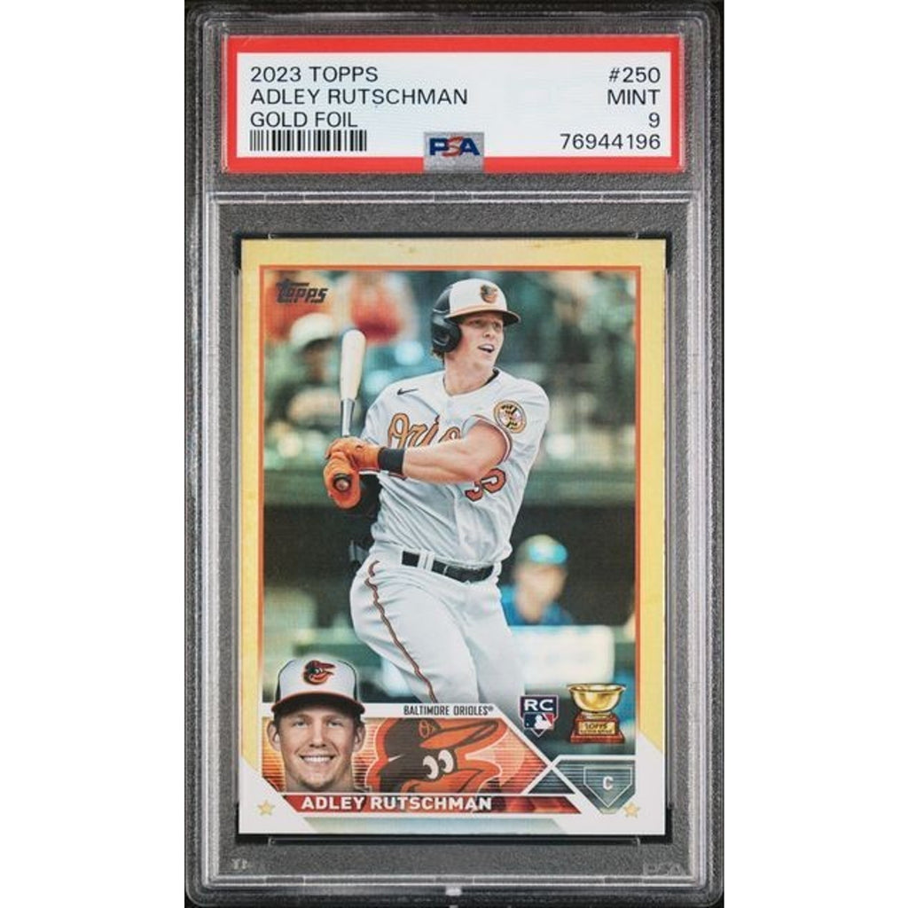 2023 Topps Adley Rutschman Gold Foil rookie card #250 graded PSA 9 featuring Baltimore Orioles catcher