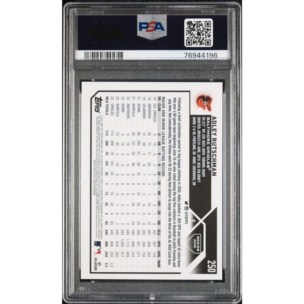 Back view of PSA 9 graded 2023 Topps Adley Rutschman Gold Foil rookie card #250