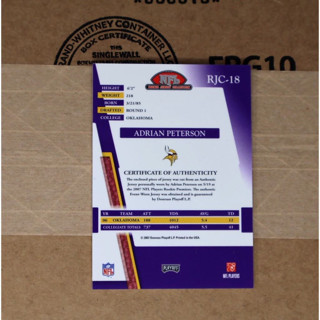 Back of 2007 Playoff Absolute Memorabilia Adrian Peterson rookie jersey patch card with player information and statistics