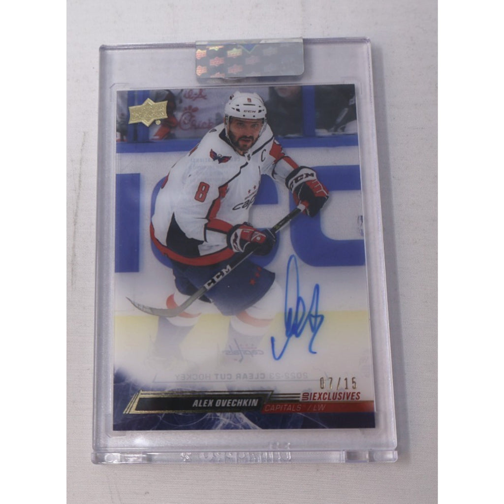 2022-23 Upper Deck Clear Cut Alex Ovechkin Exclusives autograph card numbered 7/15 featuring Washington Capitals star