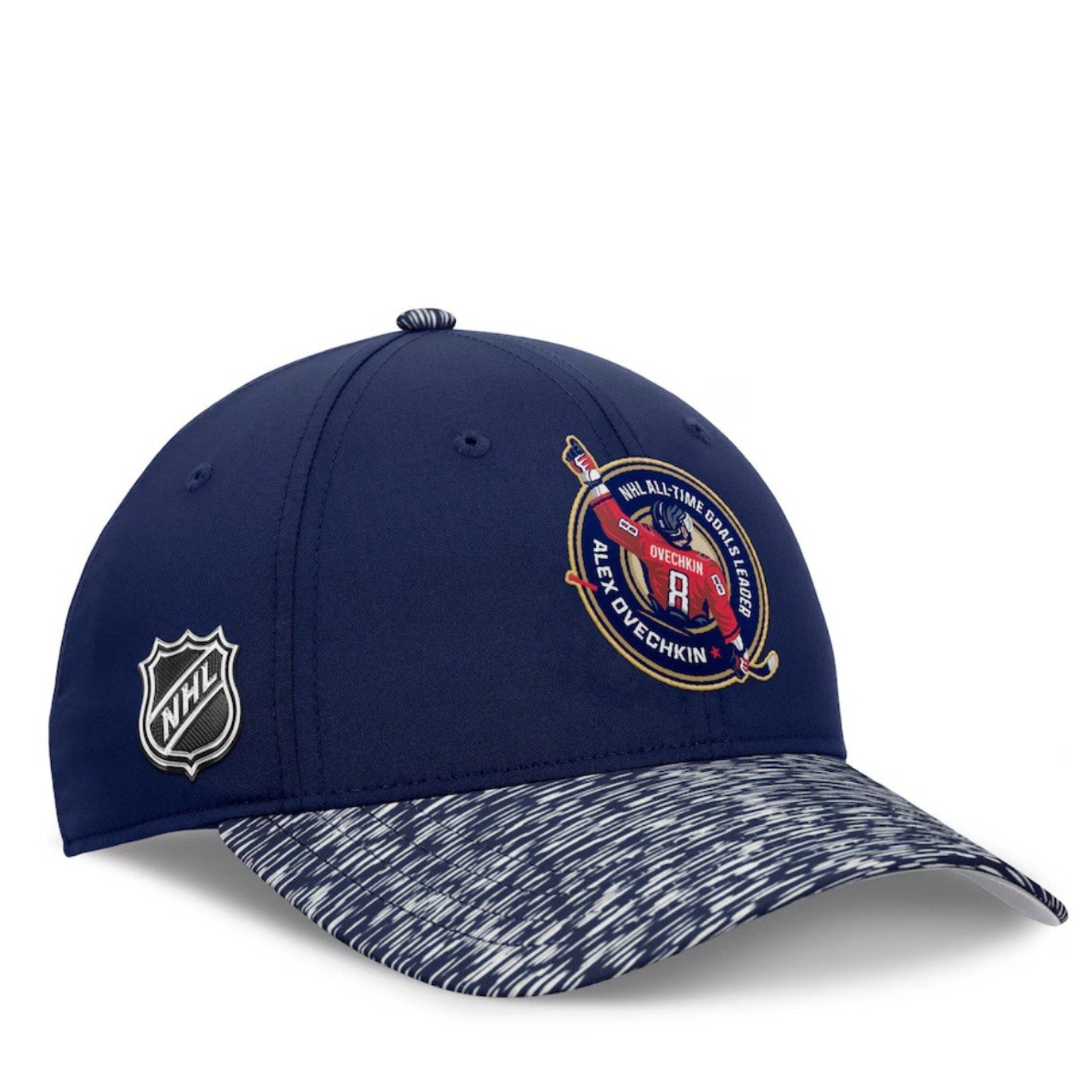 Alex Ovechkin NHL All-Time Leading Goal Scorer Fanatics navy locker room hat front angle