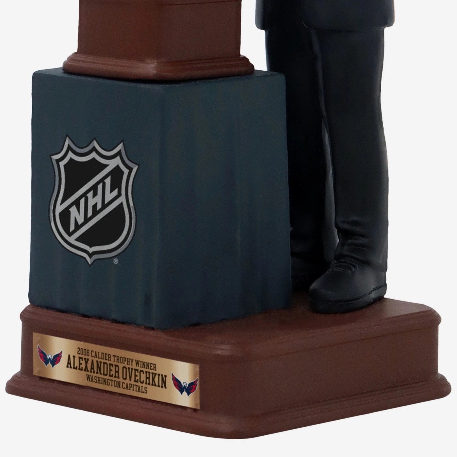 Base detail featuring NHL logo and trophy display on Ovechkin bobblehead