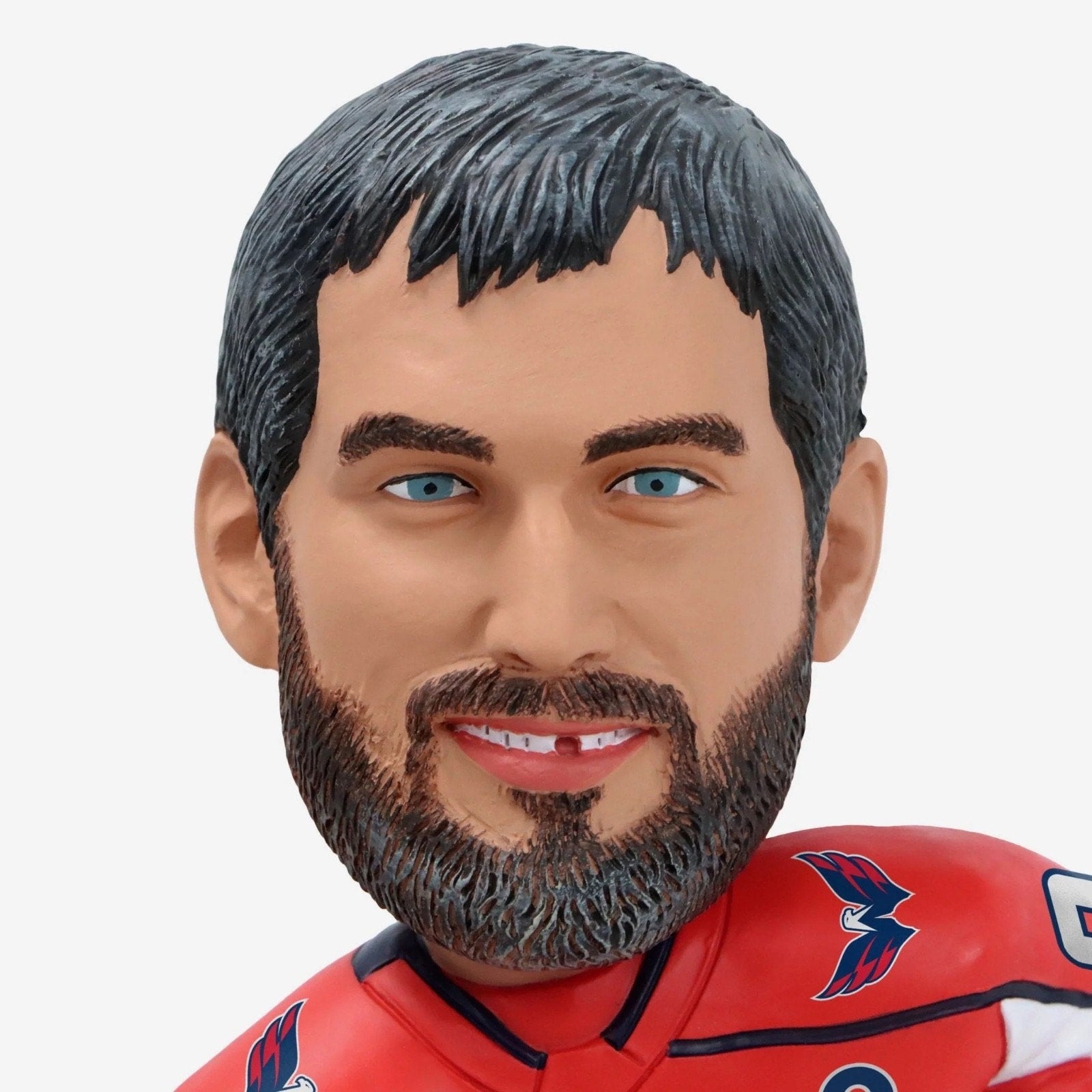 Close-up of Alexander Ovechkin bobblehead face and Capitals jersey detail