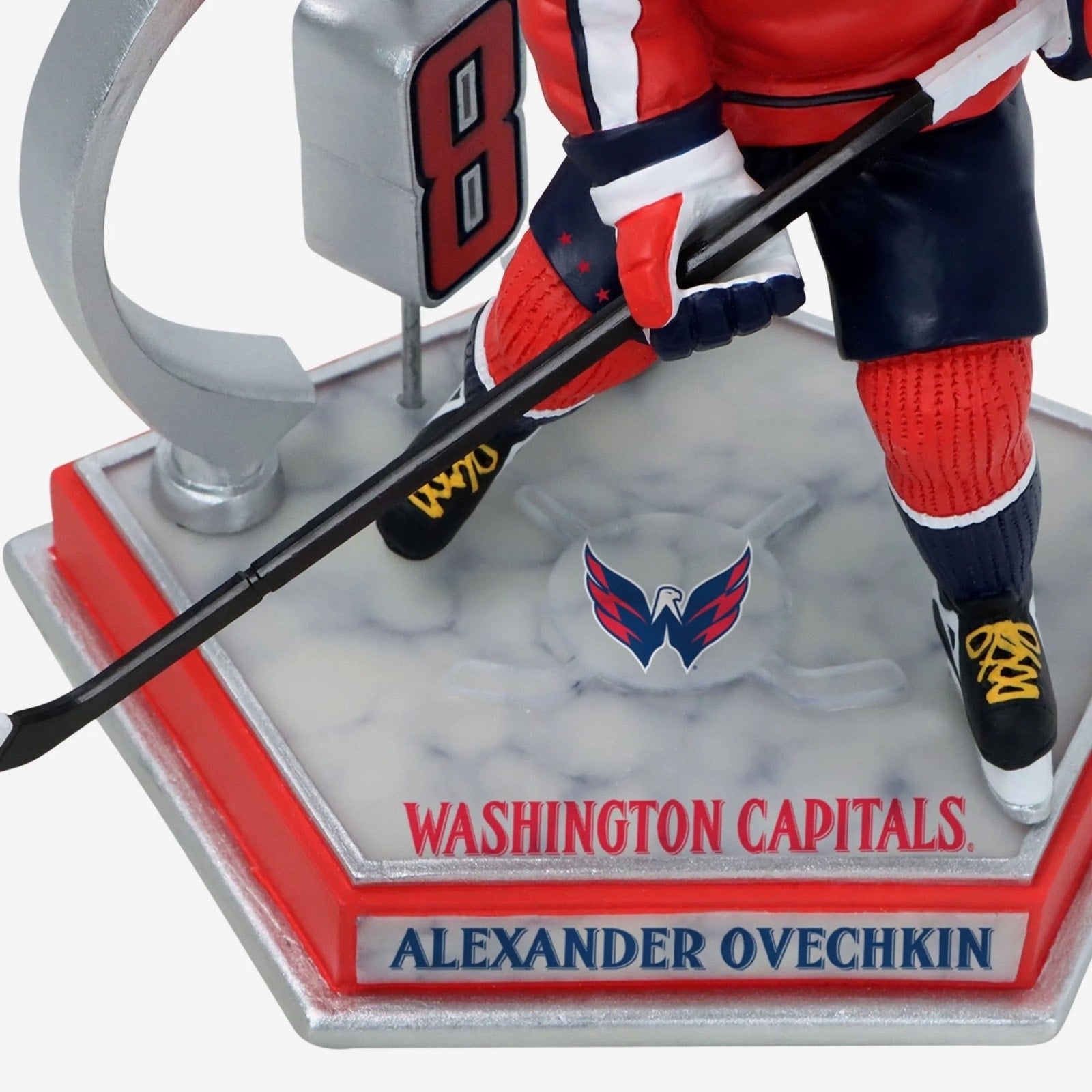 Spinning number 8 backdrop detail with Washington Capitals branding