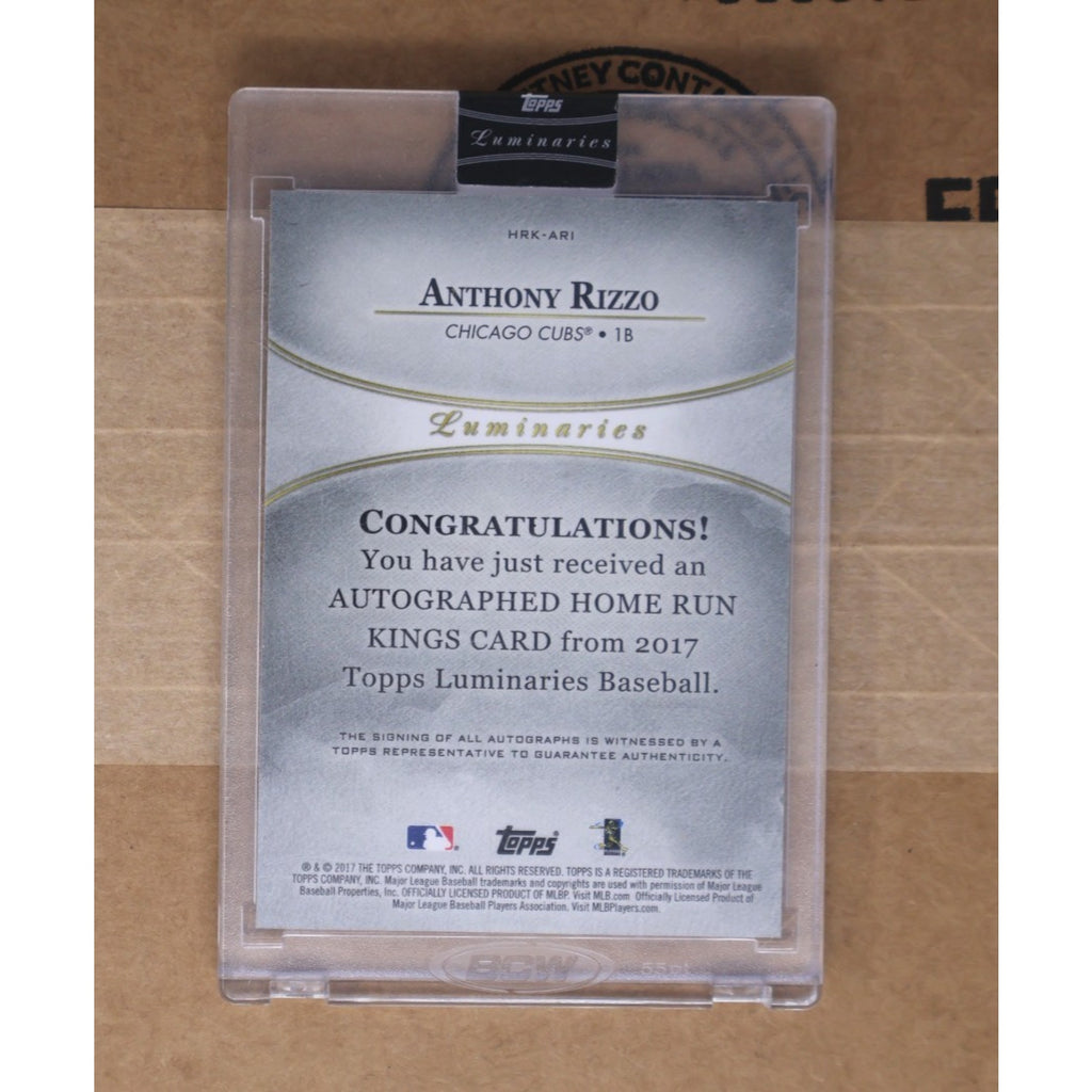 Back of 2017 Topps Luminaries Anthony Rizzo Home Run Kings auto card with serial numbering and authentication details