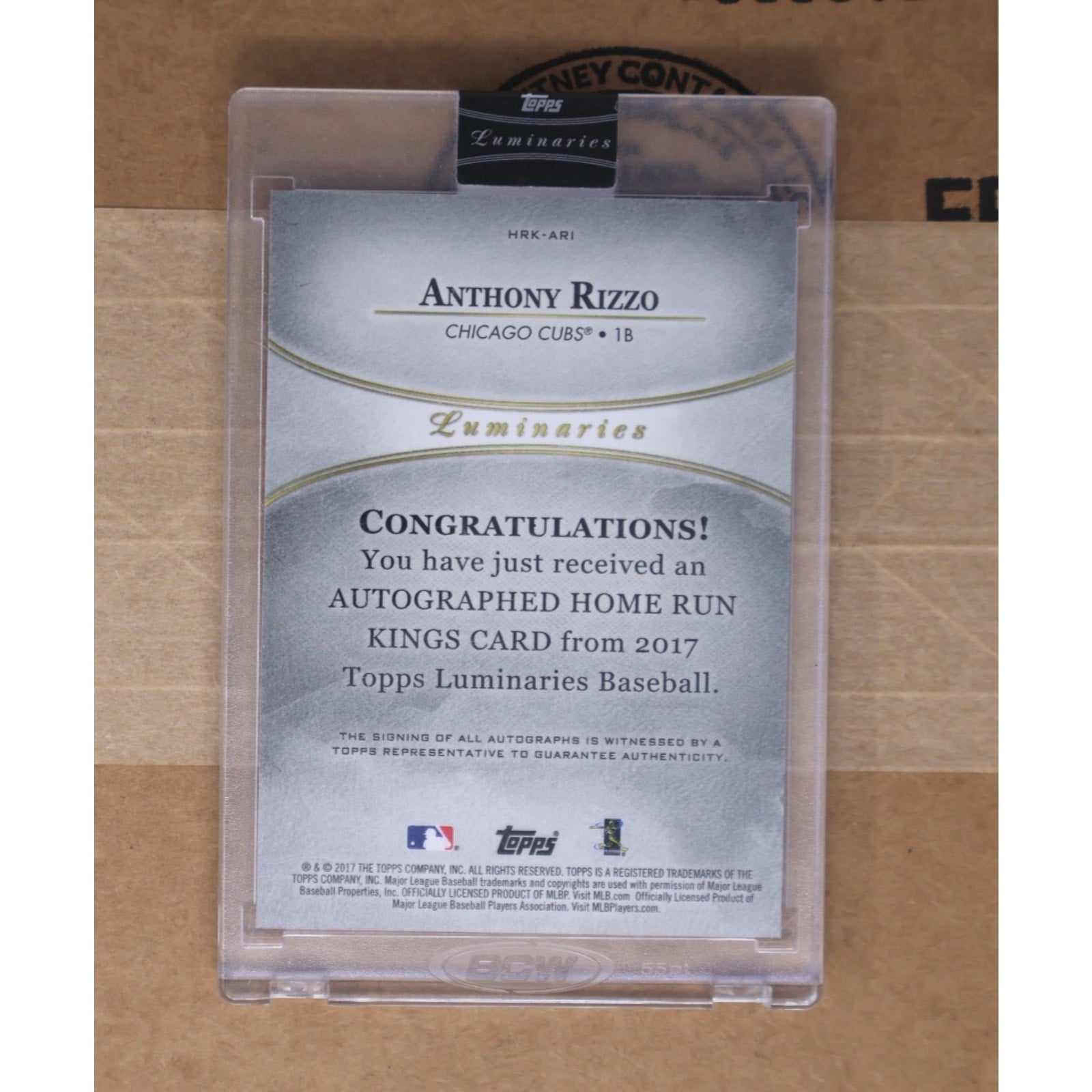 Back of 2017 Topps Luminaries Anthony Rizzo Home Run Kings auto card with serial numbering and authentication details