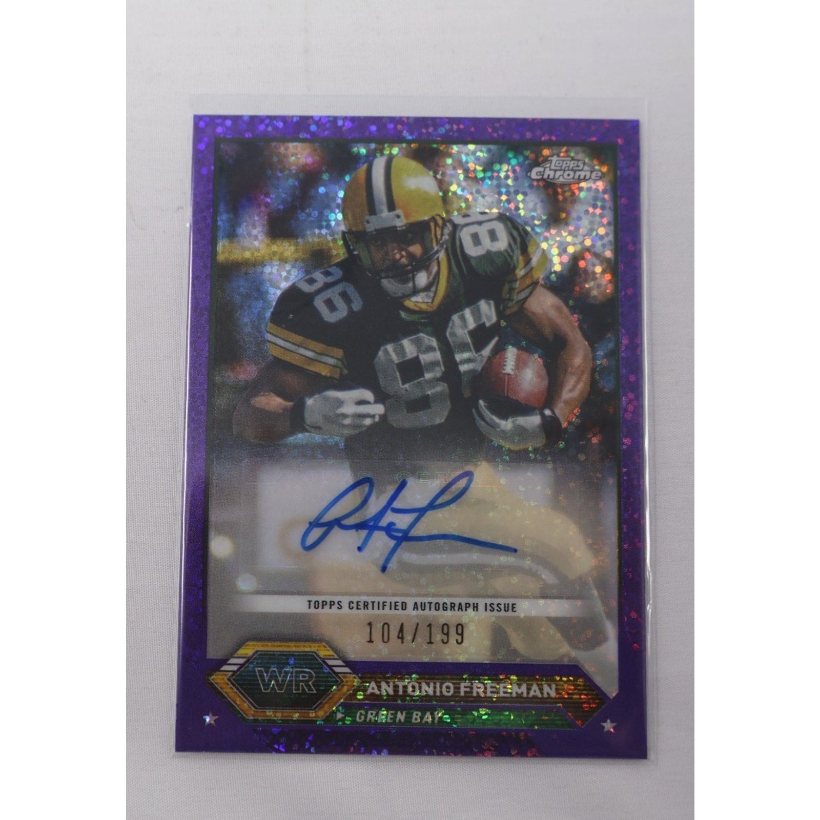 2024 Topps Chrome Composite Antonio Freeman Purple Speckle autograph card numbered to 199 featuring Green Bay Packers legend