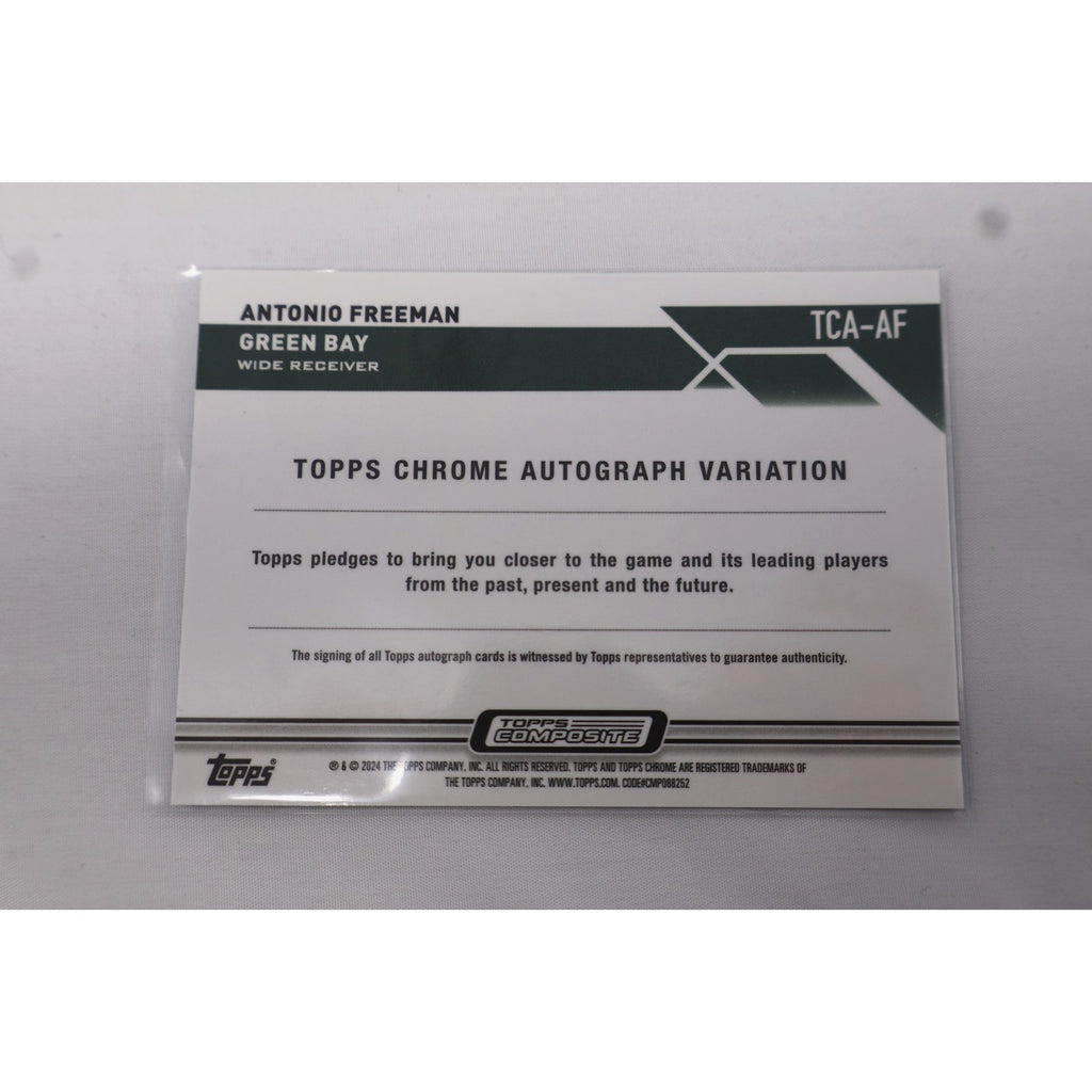 Back of 2024 Topps Chrome Composite Antonio Freeman Purple Speckle auto card with serial numbering and authentication details