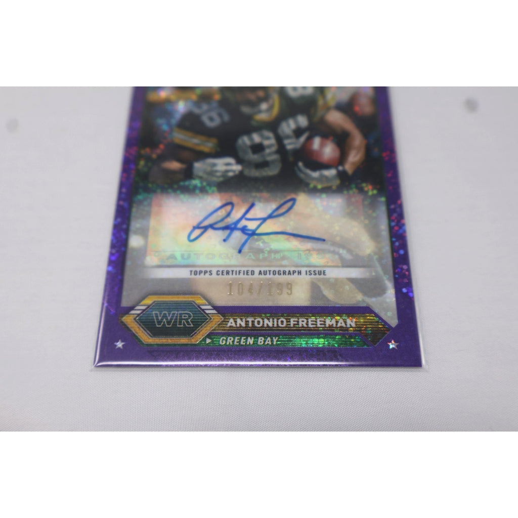 Front angled view of Antonio Freeman Purple Speckle autograph football card from 2024 Topps Chrome Composite
