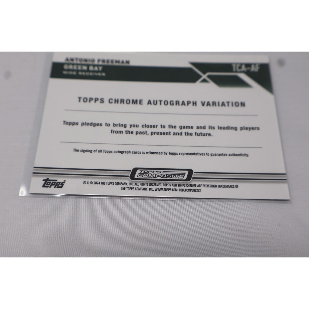 Rear view of Antonio Freeman 2024 Topps Chrome Composite autograph card with official NFL card information