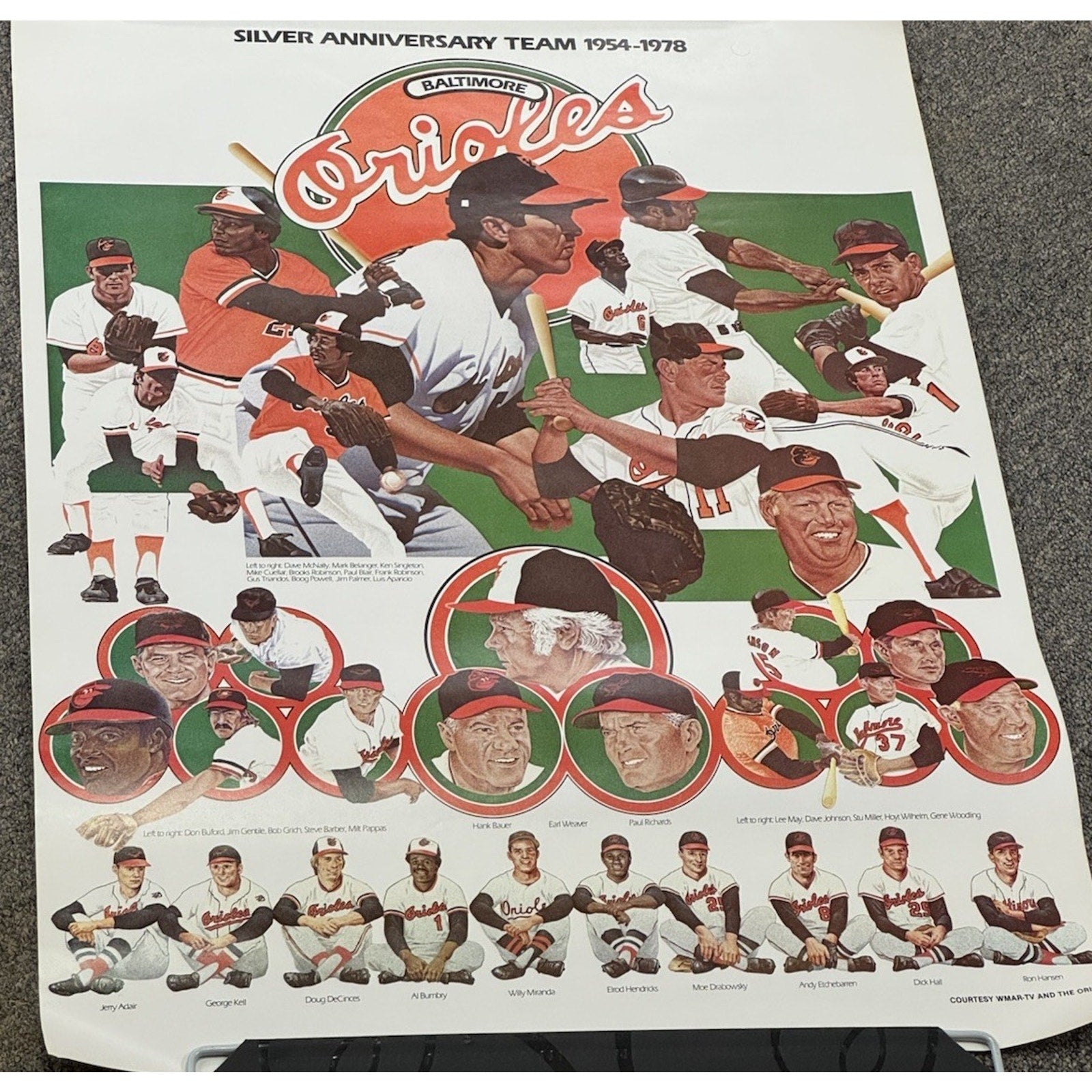 Vintage Baltimore Orioles 1954 to 1978 Silver Anniversary Team poster featuring legendary Orioles players and 25th anniversary artwork