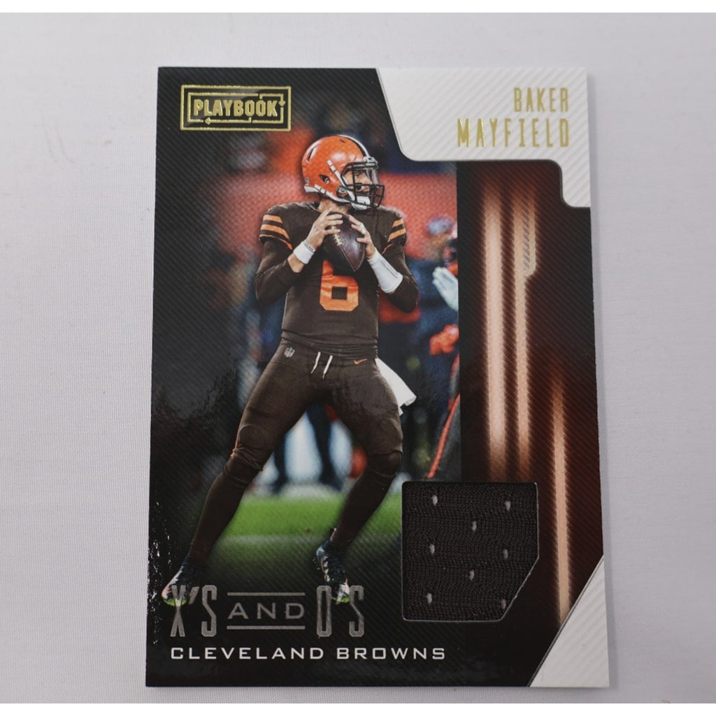 2018 Panini Playbook Baker Mayfield X’s and O’s rookie patch card #2 featuring Cleveland Browns quarterback memorabilia