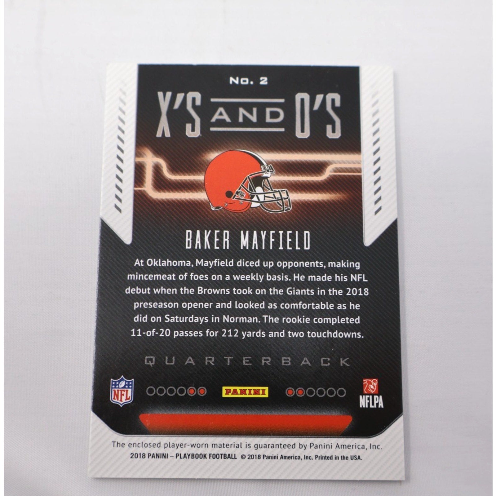 Back of 2018 Panini Playbook Baker Mayfield X’s and O’s rookie patch football card with player details and statistics