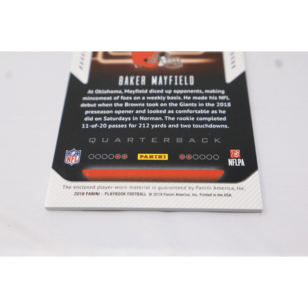 Rear view of 2018 Panini Playbook Baker Mayfield rookie card with official NFL trading card information