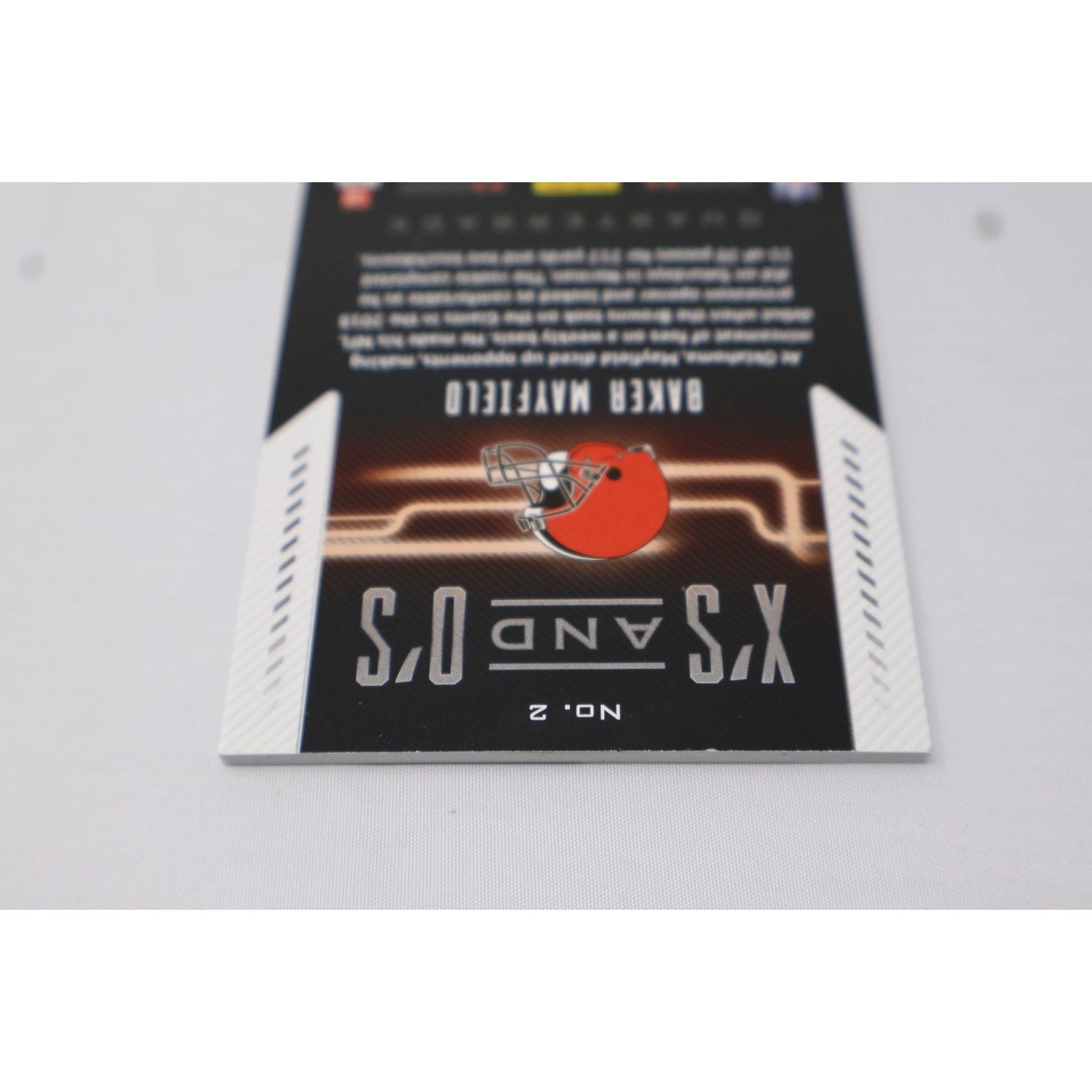 Additional back angle of Baker Mayfield X’s and O’s rookie patch card for football card collectors