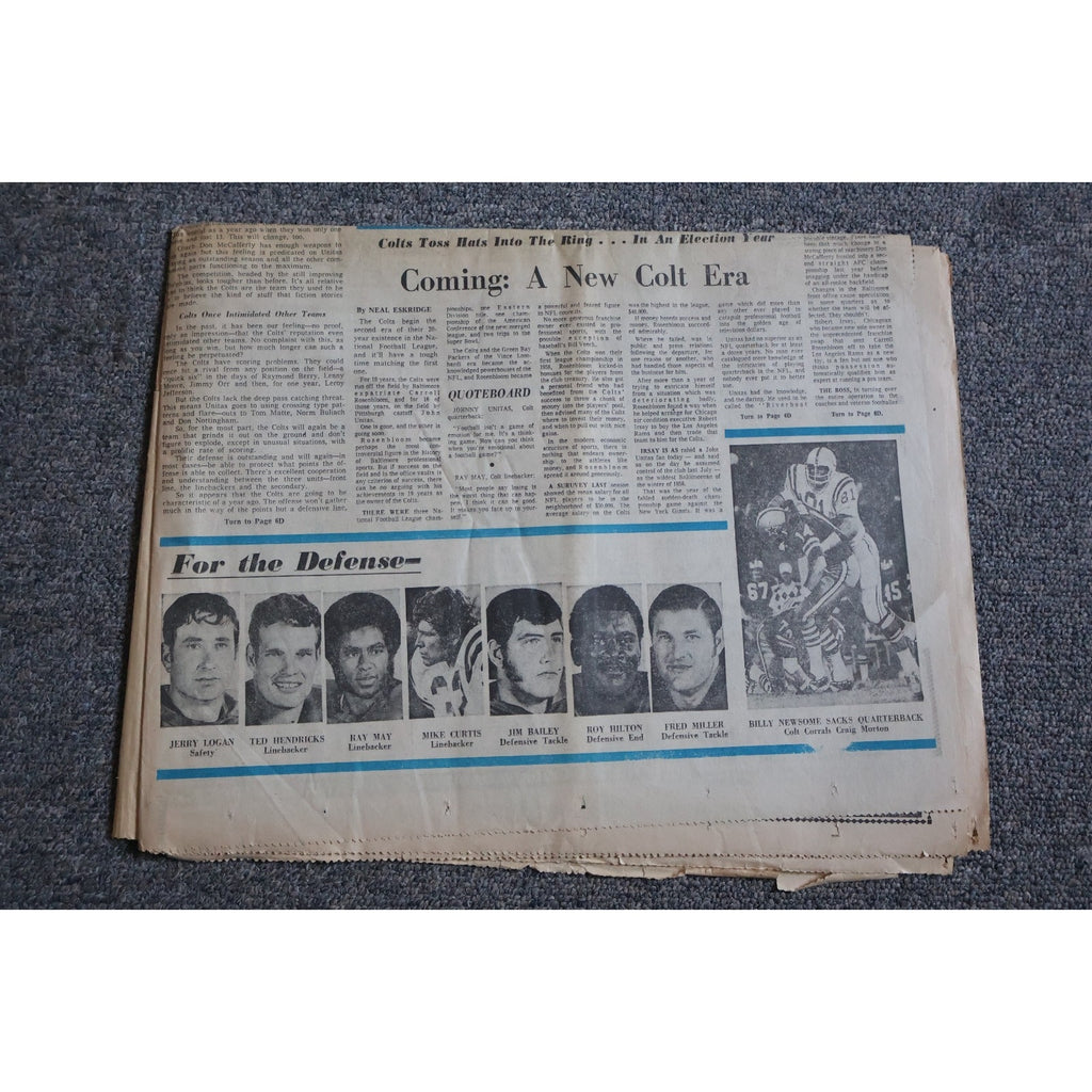 Back page view of 1972 Baltimore Colts souvenir newspaper section collectible publication