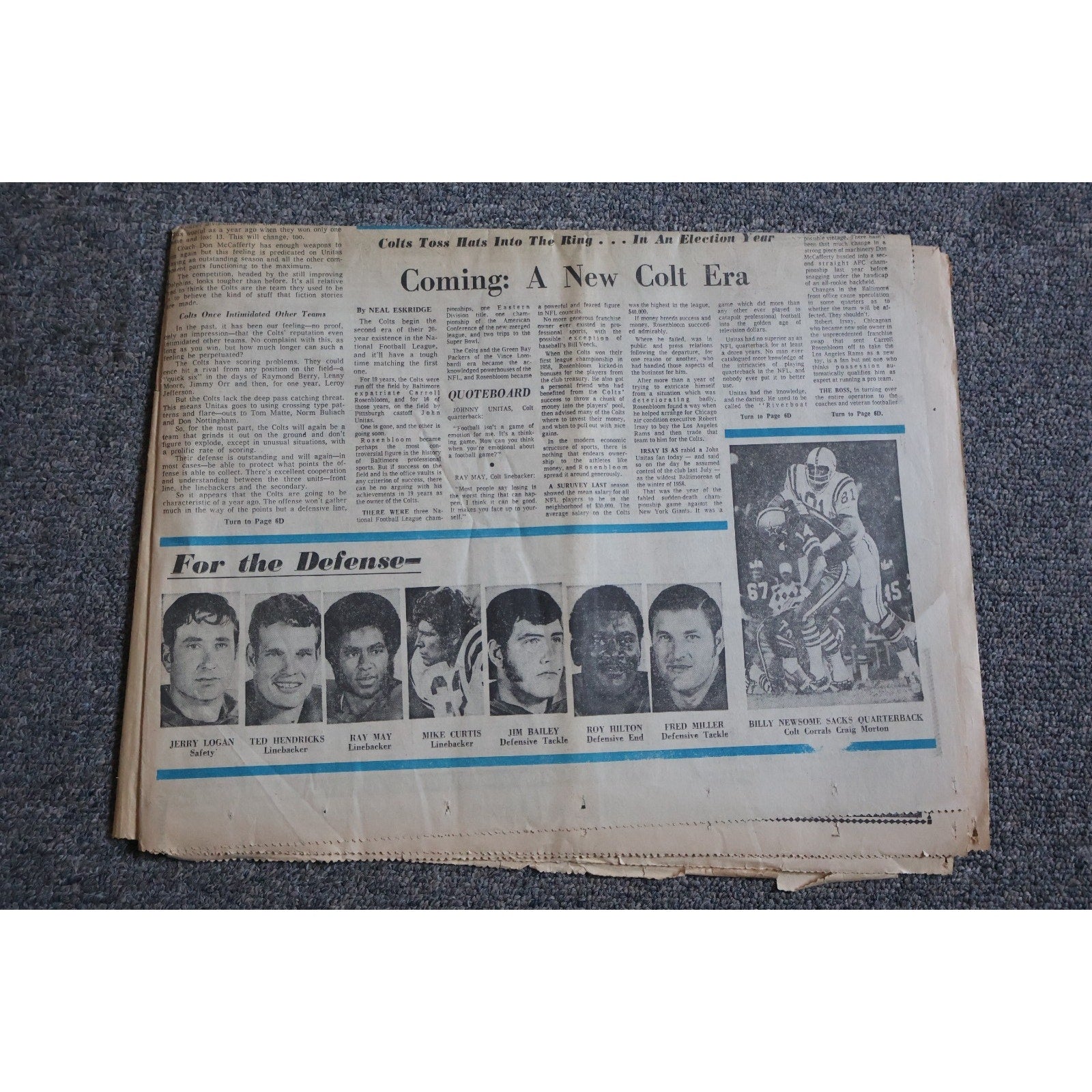Back page view of 1972 Baltimore Colts souvenir newspaper section collectible publication