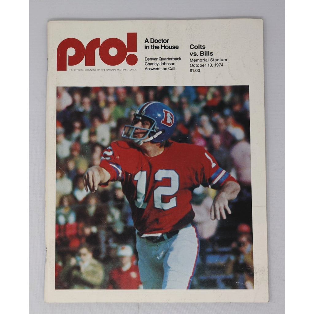 1974 Baltimore Colts vs Buffalo Bills Pro football program featuring Charley Johnson on the cover vintage NFL collectible