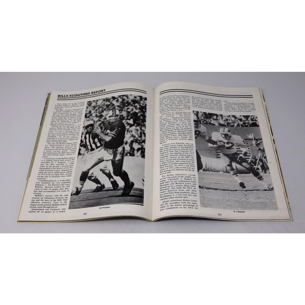 Inside pages of 1974 Baltimore Colts and Buffalo Bills Pro program showing vintage NFL articles and team content
