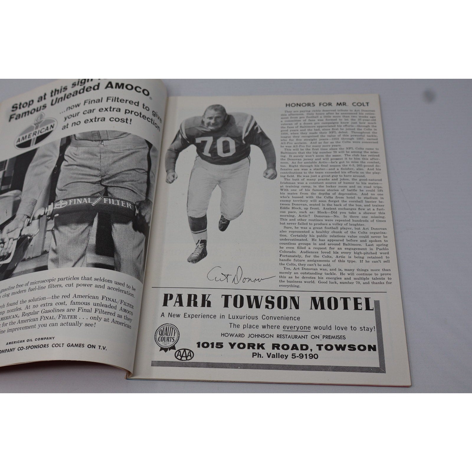 Interior player feature page from Baltimore Colts versus Los Angeles Rams program