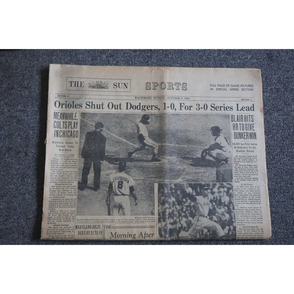 Baltimore Orioles 1966 World Series Game 3 sports section newspaper from The Baltimore Sun featuring Orioles victory coverage