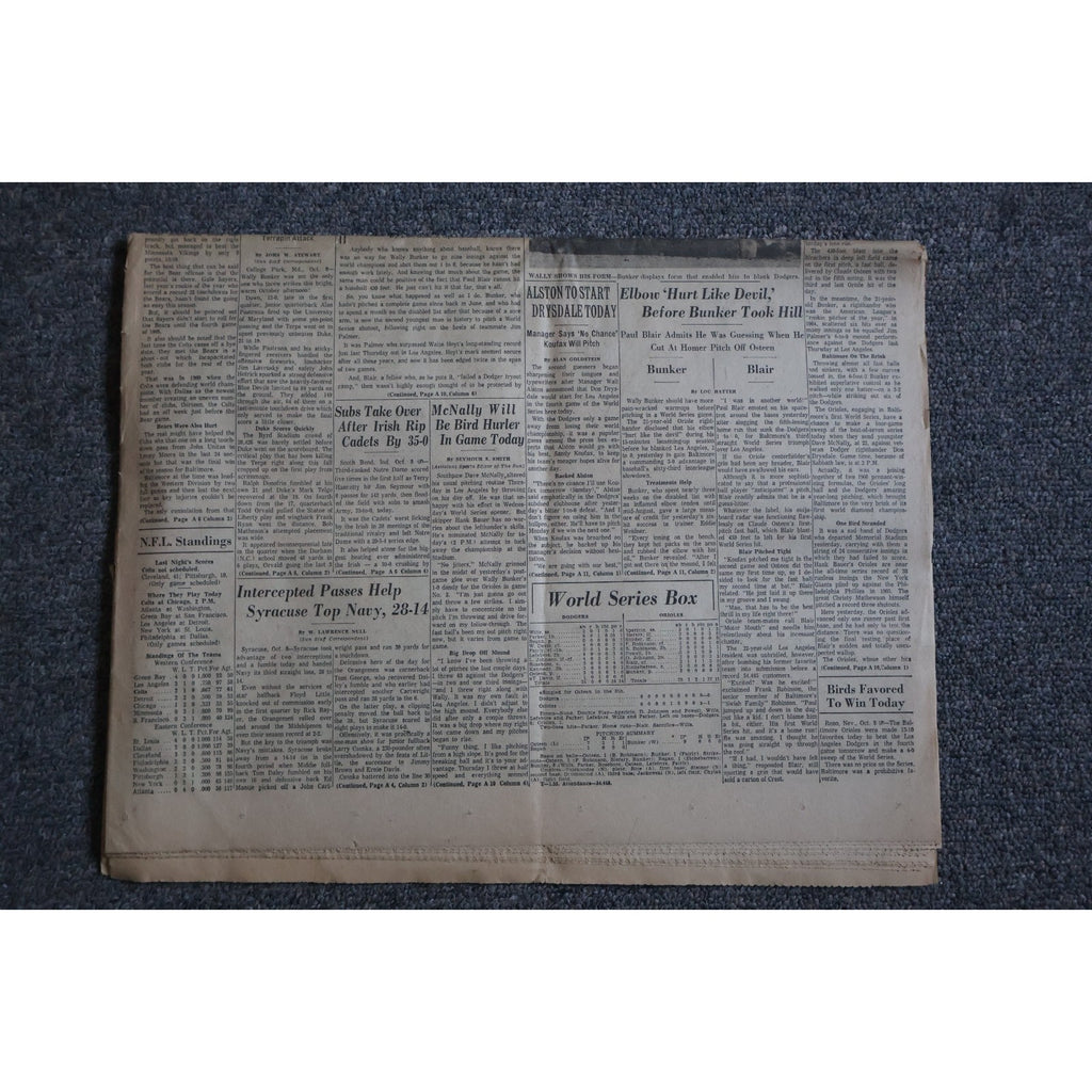 Back page view of 1966 Baltimore Orioles World Series newspaper sports section collectible