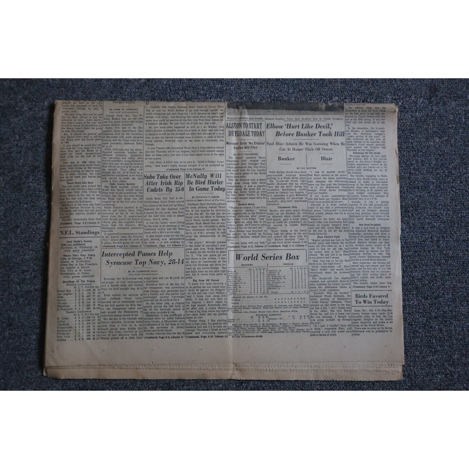 Back page view of 1966 Baltimore Orioles World Series newspaper sports section collectible