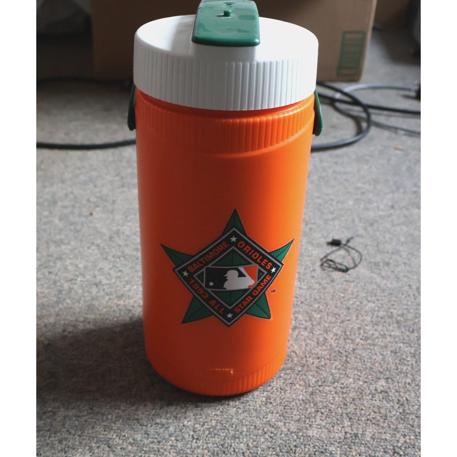 Baltimore Orioles 1993 All-Star Game collectible thermos in orange with baseball themed logo