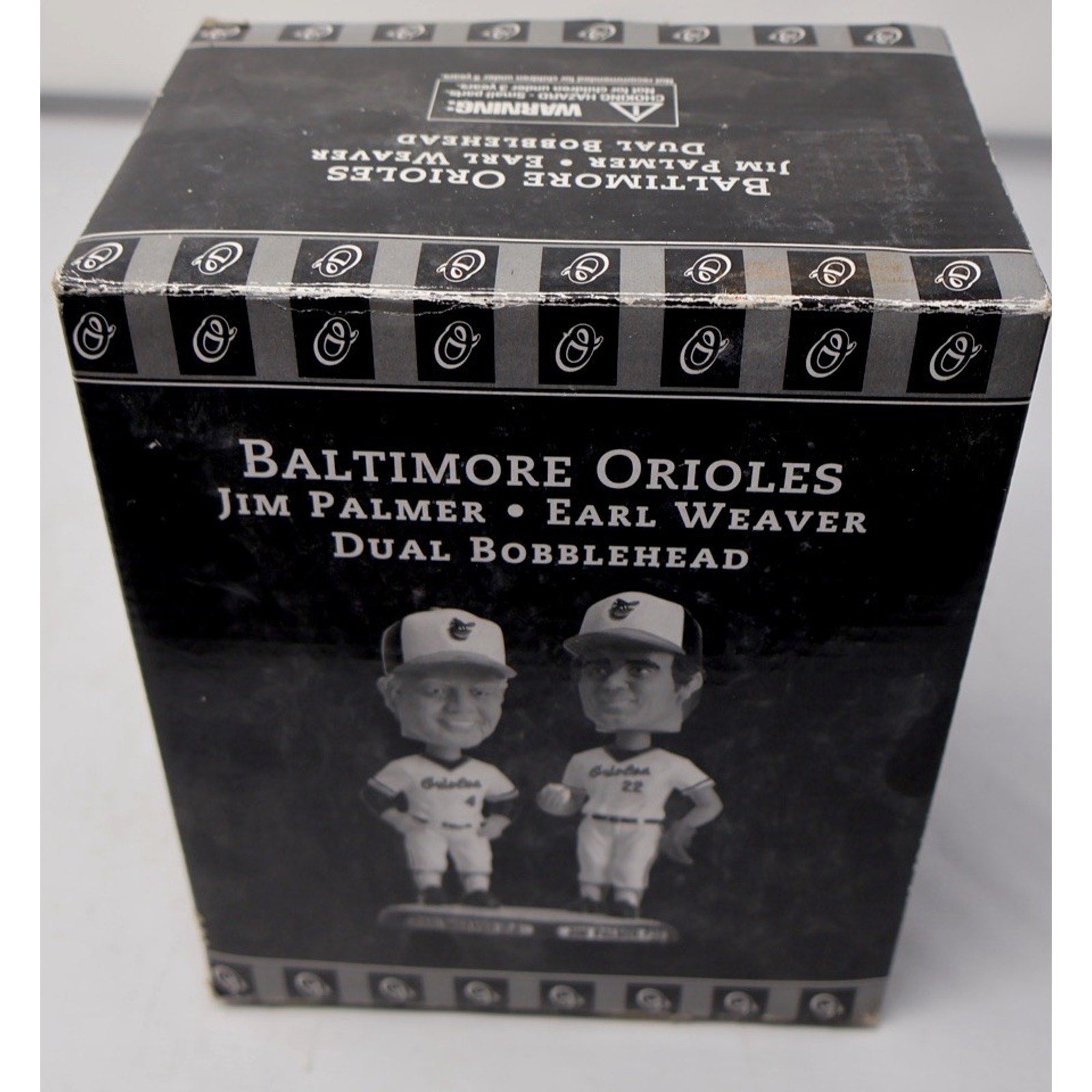 Box for Baltimore Orioles Jim Palmer and Earl Weaver bobbleheads with black and white design.