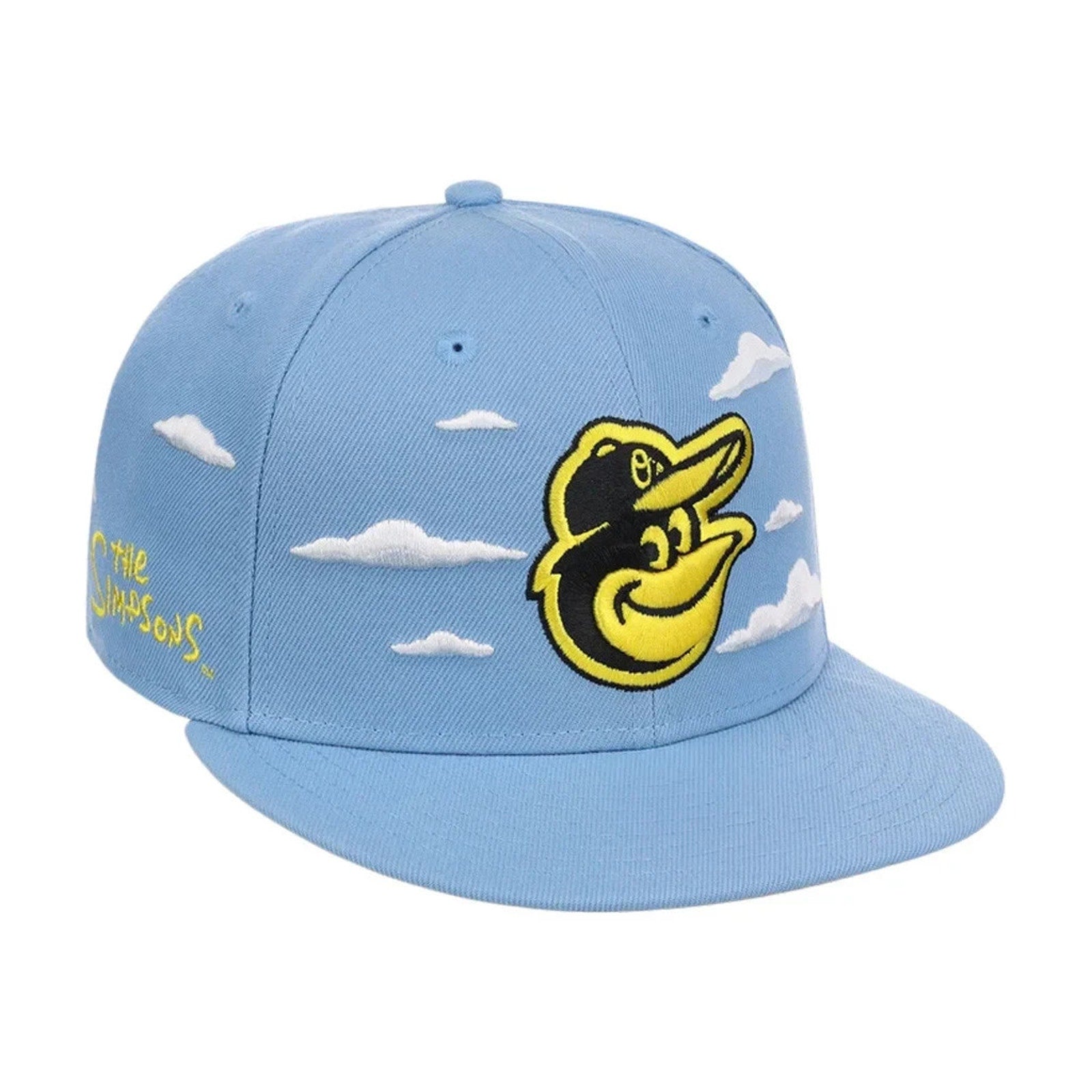 Front angled view of Baltimore Orioles Simpsons-themed New Era 59FIFTY fitted hat with cloud pattern and Orioles logo