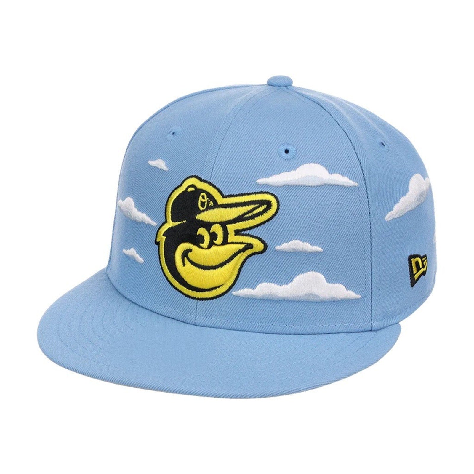 Side/front view of Baltimore Orioles Simpsons Clouds New Era fitted cap in light blue with embroidered Orioles branding