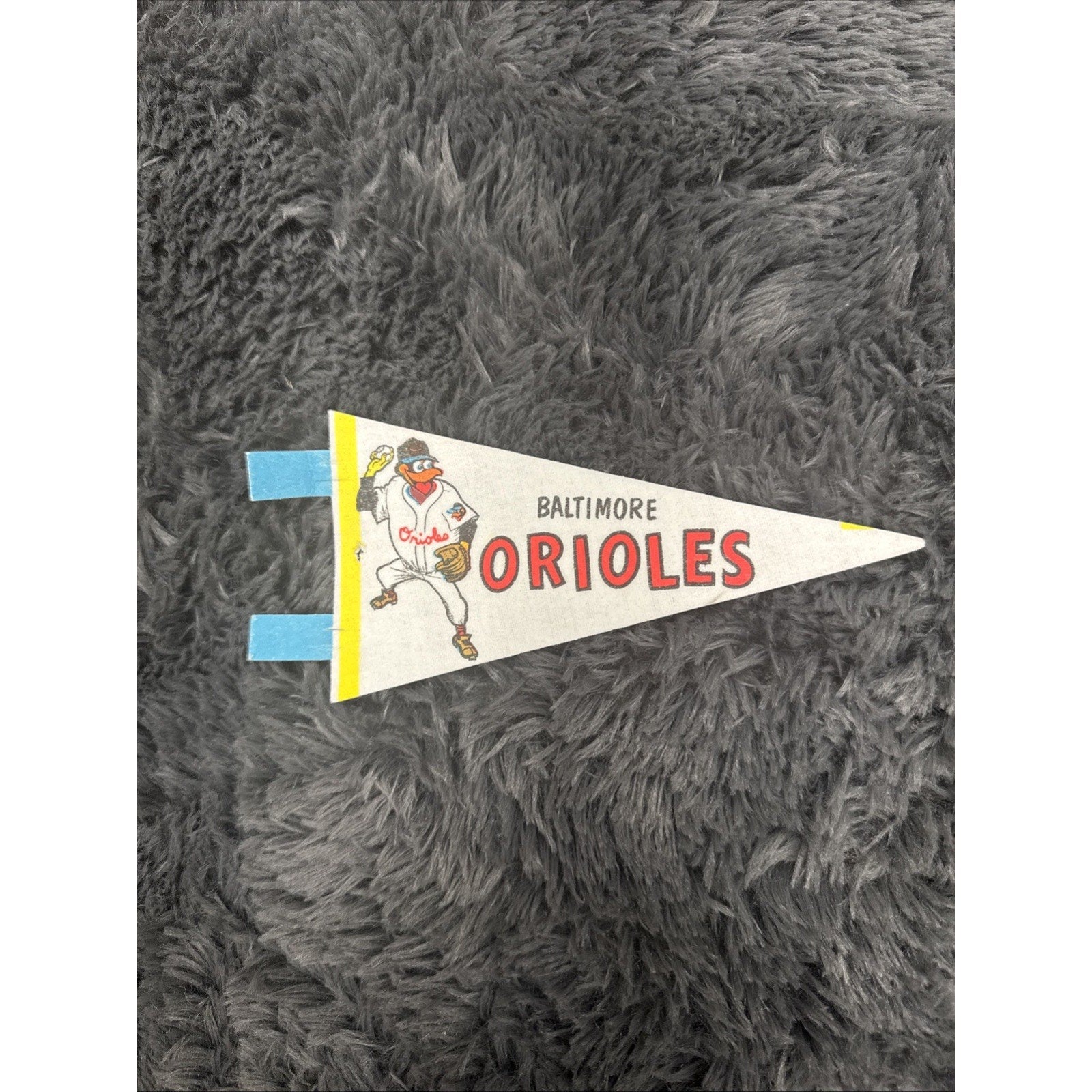 Vintage 1960s Baltimore Orioles “The Front Page Bird” mini pennant flag by Jim Hartzell front view