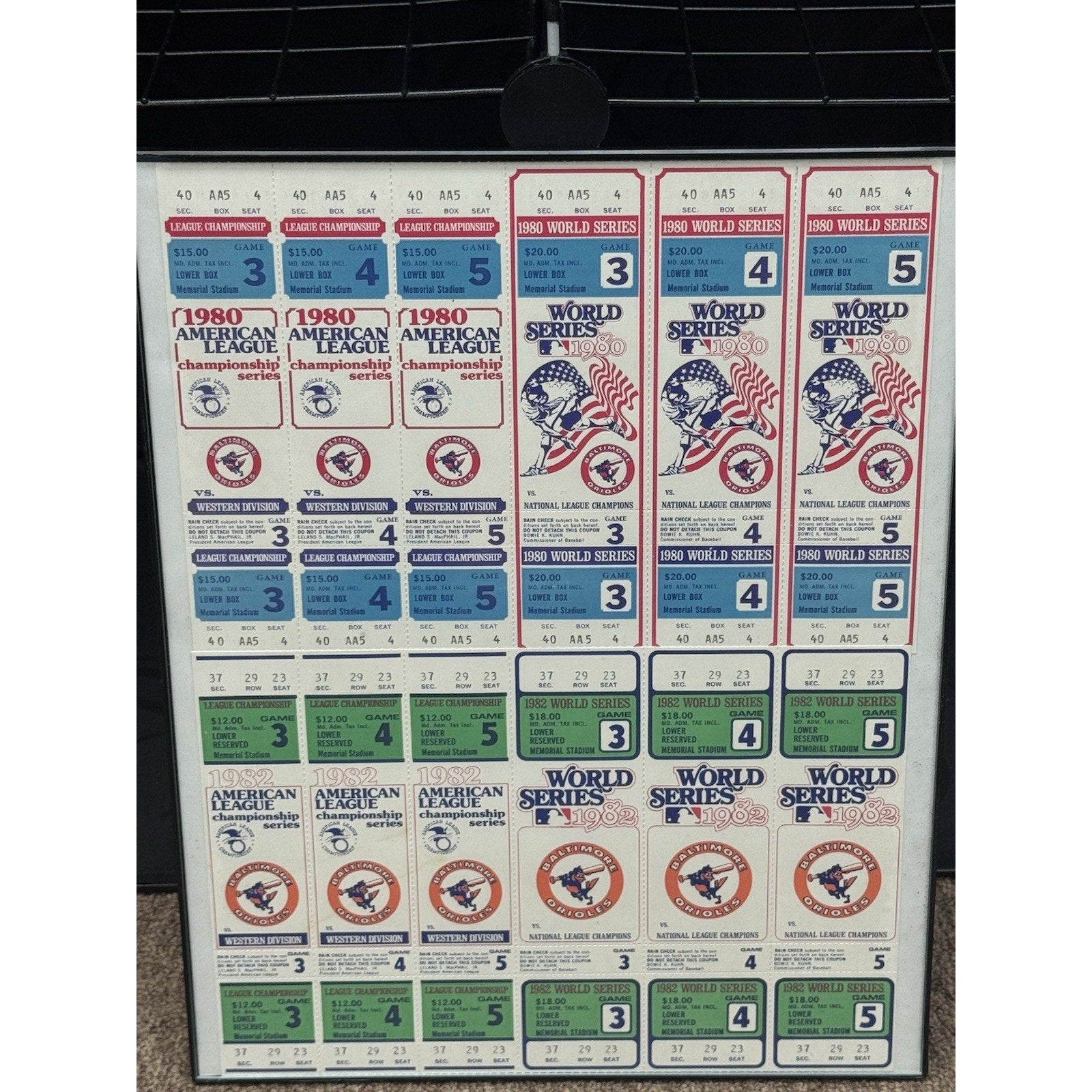 Framed Baltimore Orioles 1980 and 1982 World Series Phantom Season Tickets display
