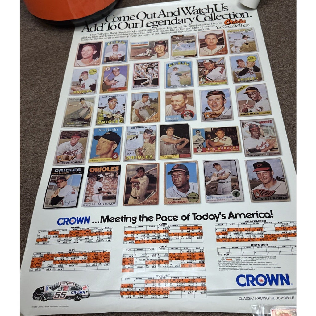 Angled view of vintage Orioles baseball card poster calendar collectible