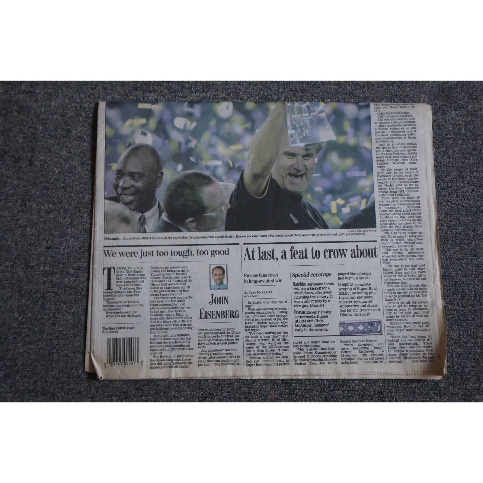 Sports section coverage of Baltimore Ravens Super Bowl victory from The Baltimore Sun newspaper collectible