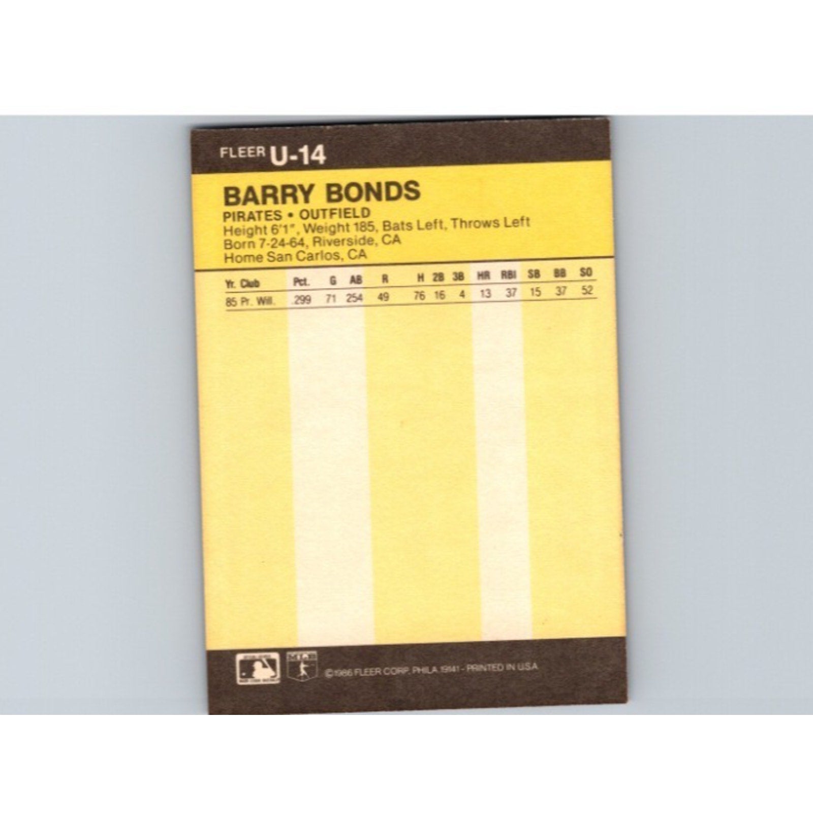 Back of 1986 Fleer Update Barry Bonds rookie card showing player information and statistics